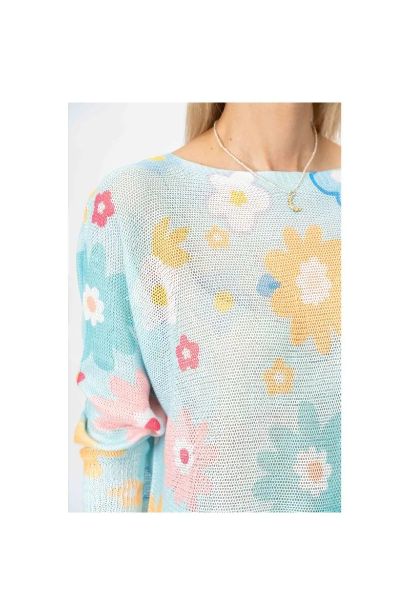  Look Mode Italian Floral Mesh Sweater  Lilac & Aqua
