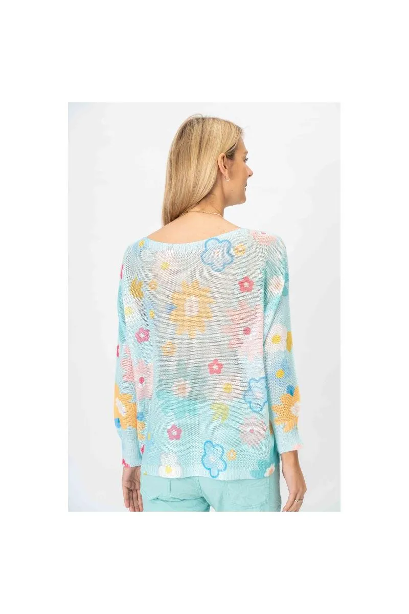  Look Mode Italian Floral Mesh Sweater  Lilac & Aqua