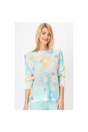  Look Mode Italian Floral Mesh Sweater  Lilac & Aqua