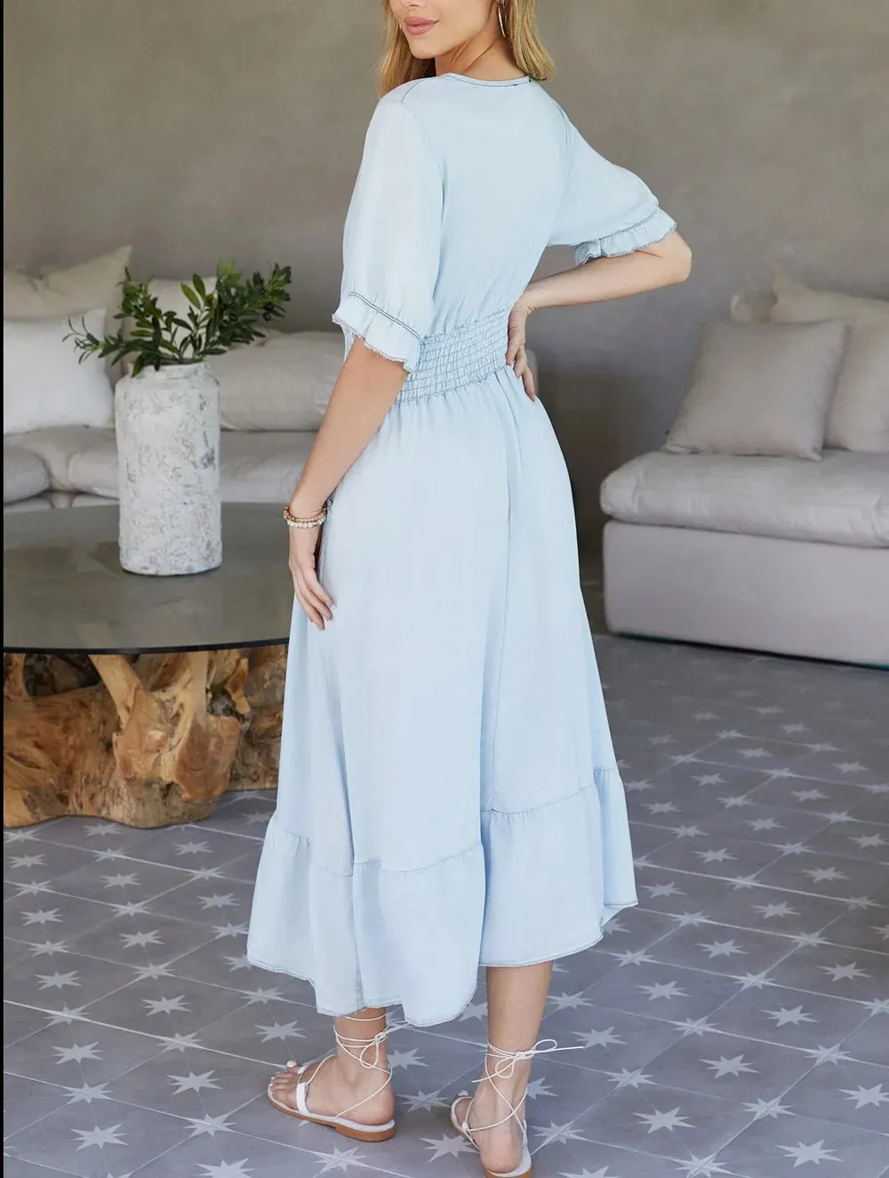 Milio Milano Italian Light Blue Smocked Ruffle Dress (68033)