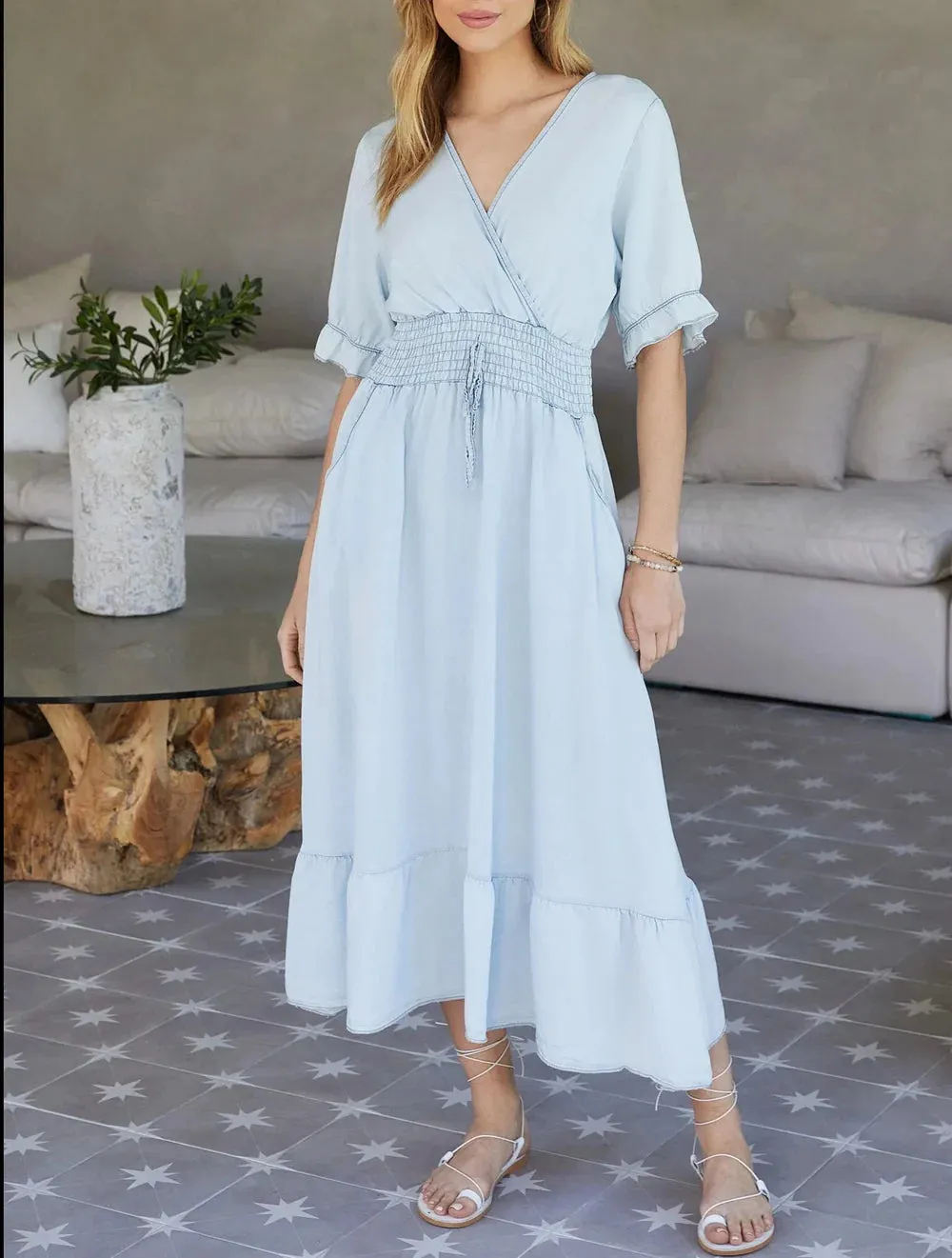 Milio Milano Italian Light Blue Smocked Ruffle Dress (68033)