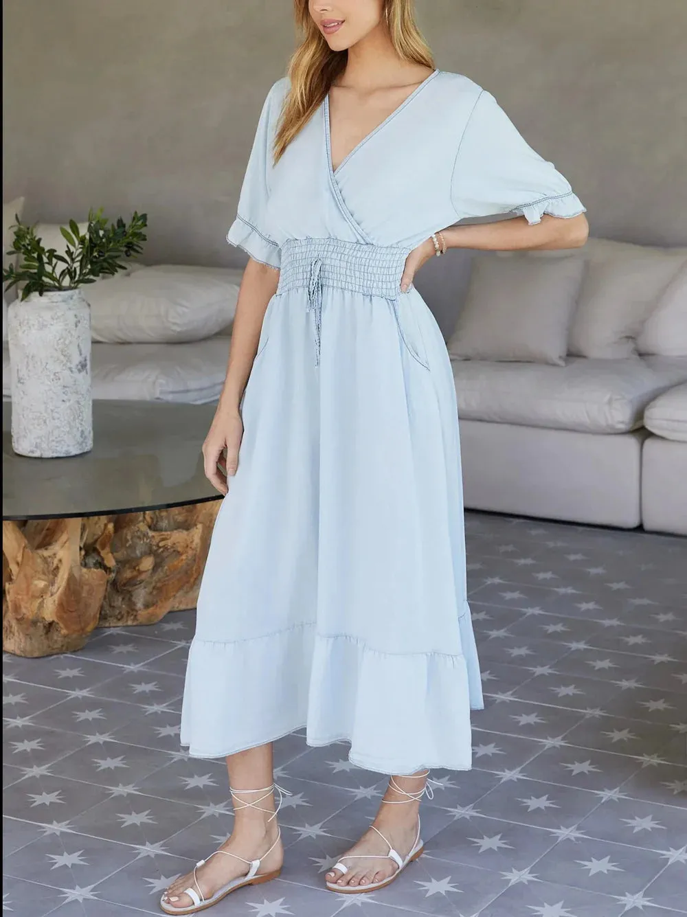Milio Milano Italian Light Blue Smocked Ruffle Dress (68033)