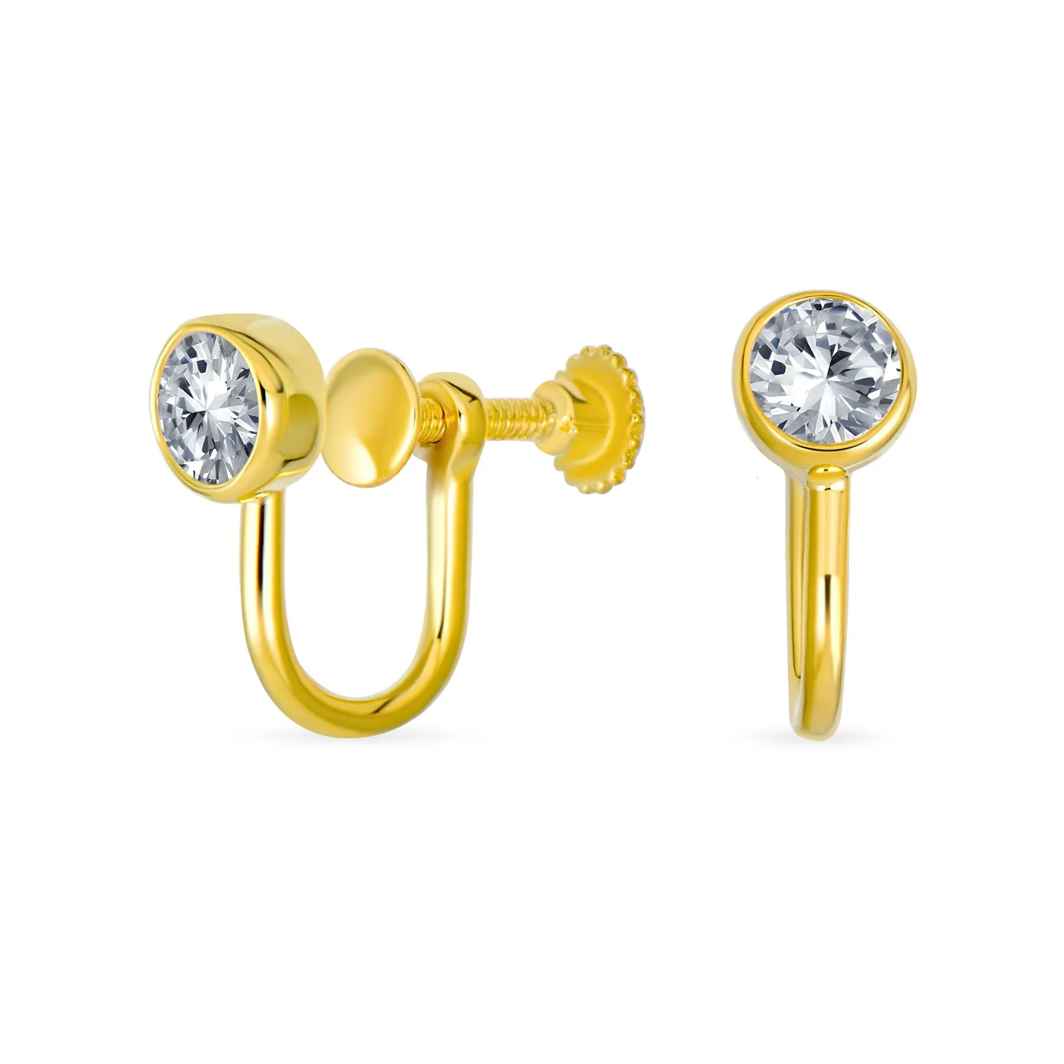 Minimalist Geometric Clip-On Earrings with CZ Solitaire 14K Gold Plated 5MM