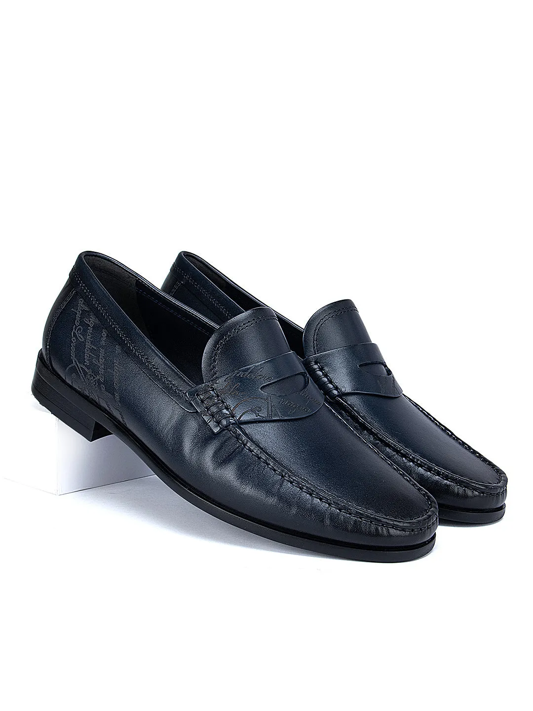 Navy Signato Leather Moccasins