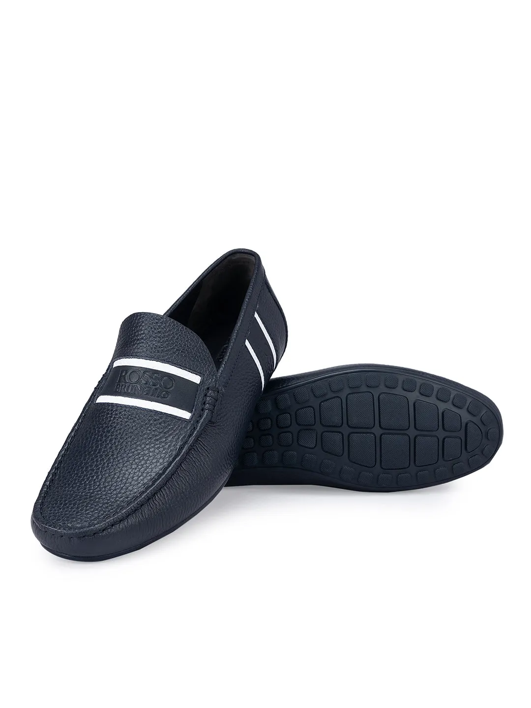 Navy Striped Leather Moccasins