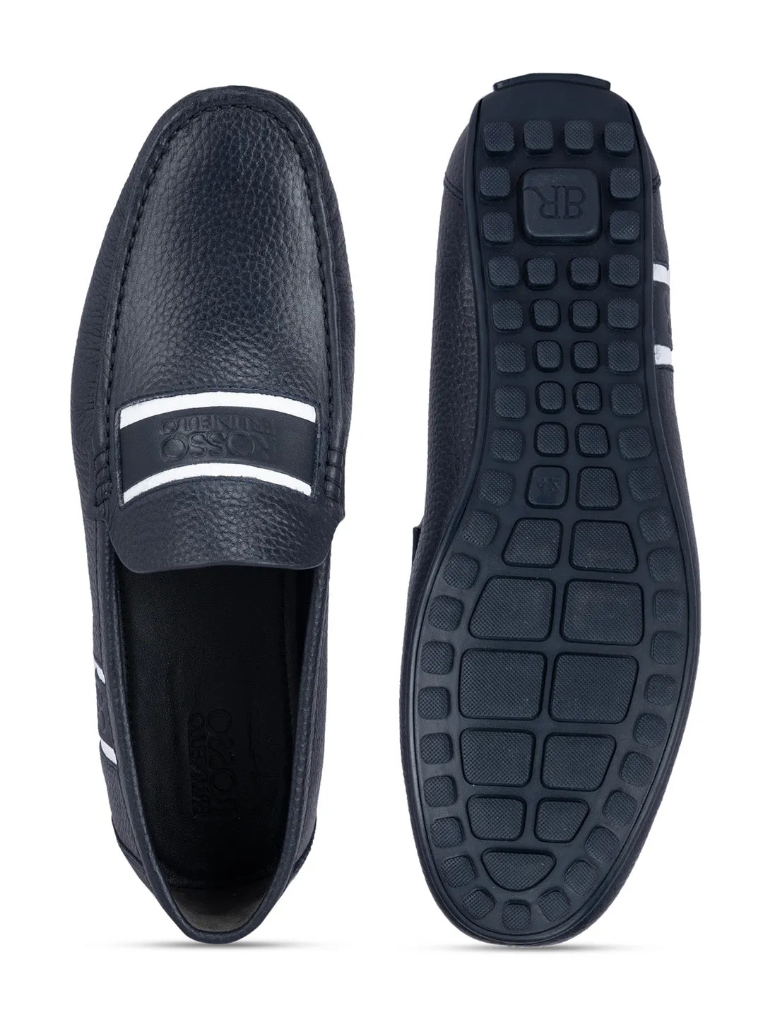 Navy Striped Leather Moccasins
