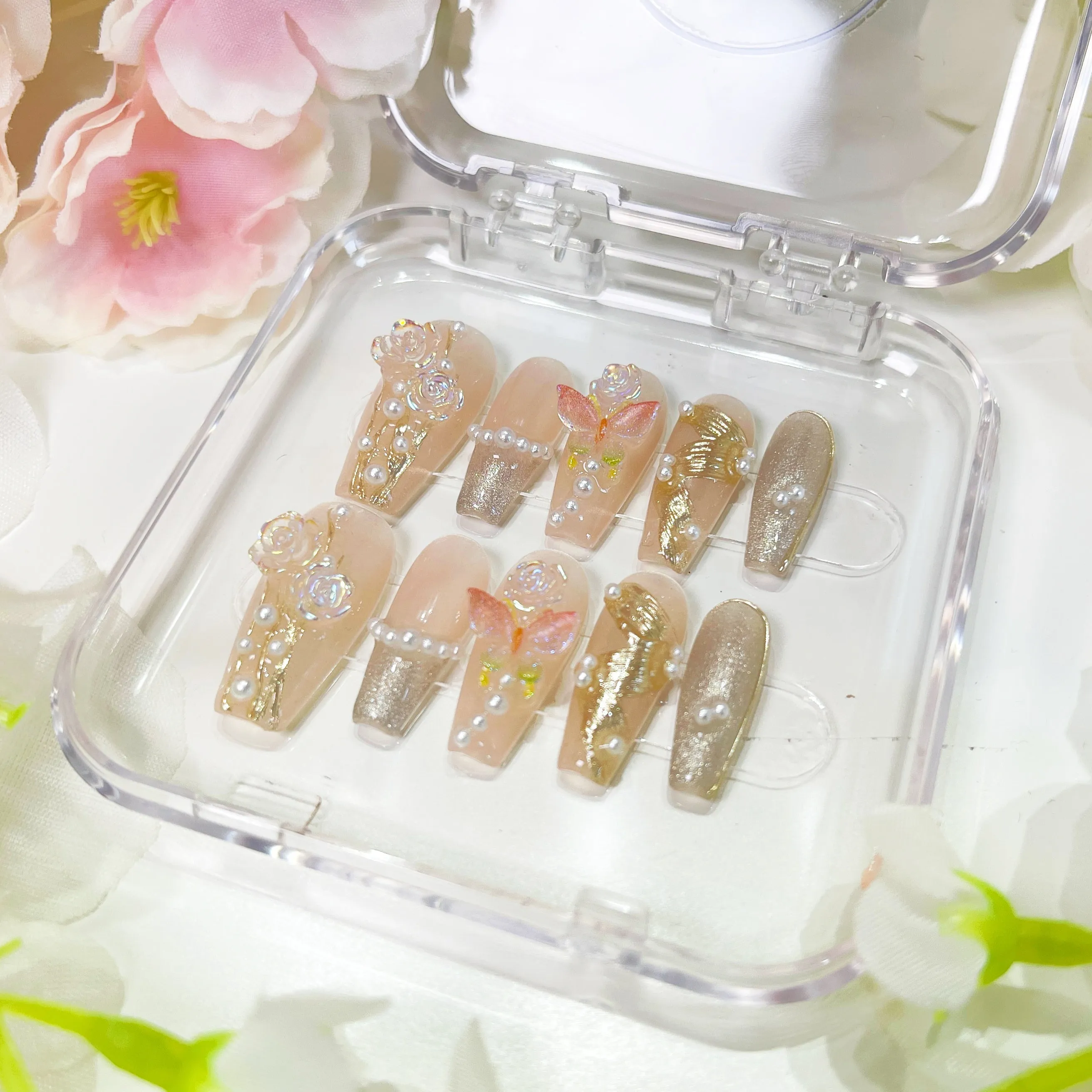 PO010 3D flower wedding bridal white floral press on nails