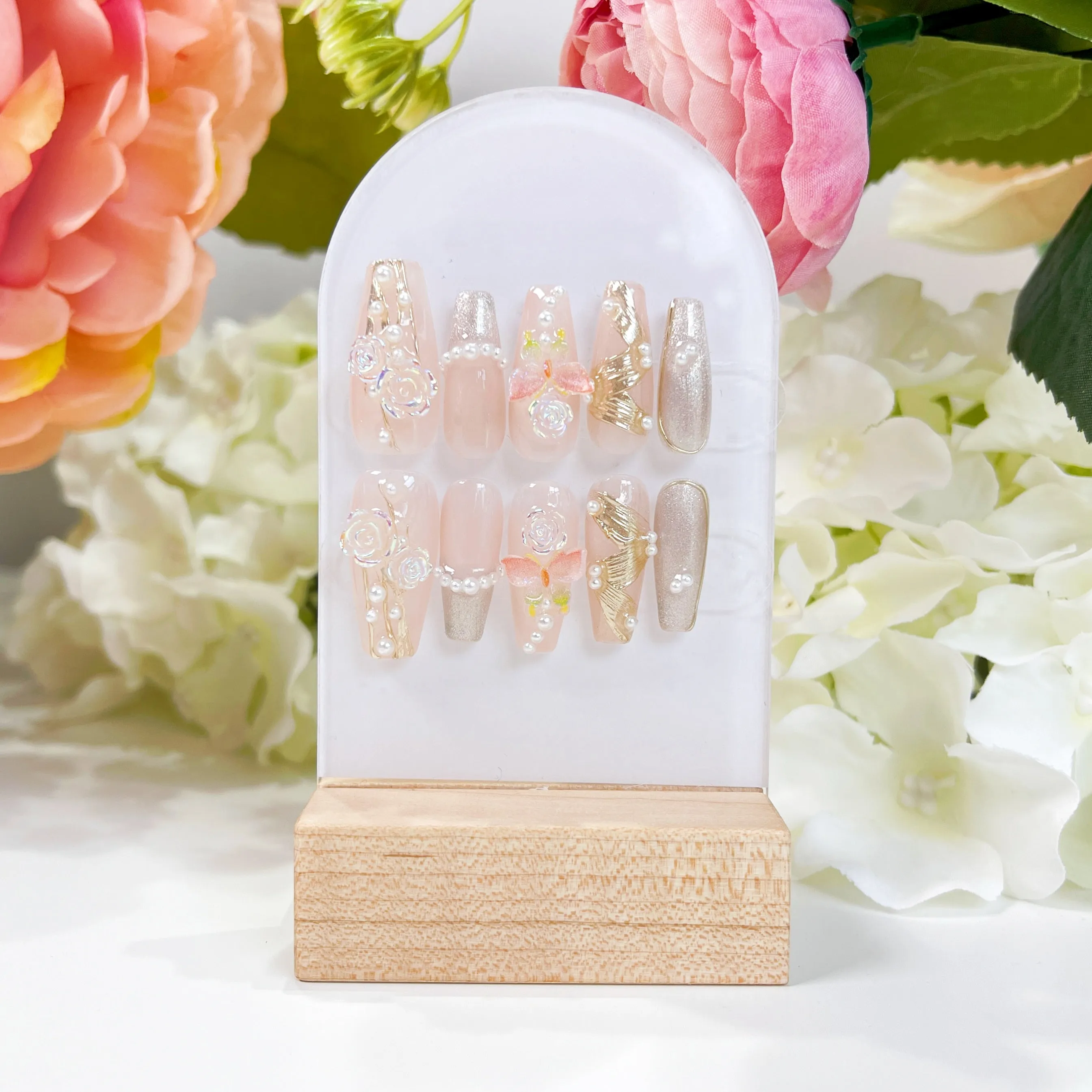 PO010 3D flower wedding bridal white floral press on nails