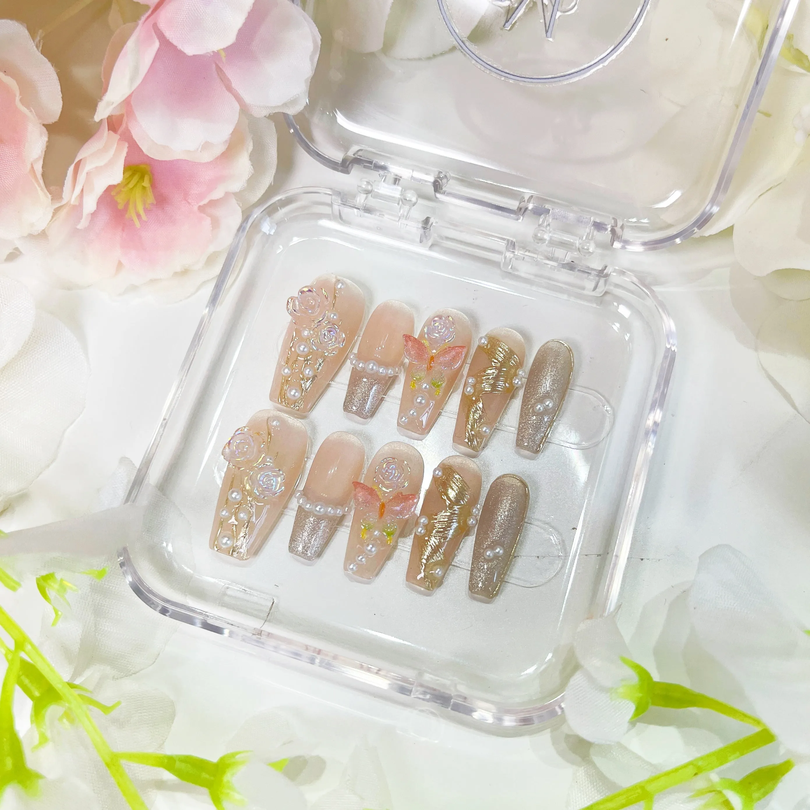 PO010 3D flower wedding bridal white floral press on nails