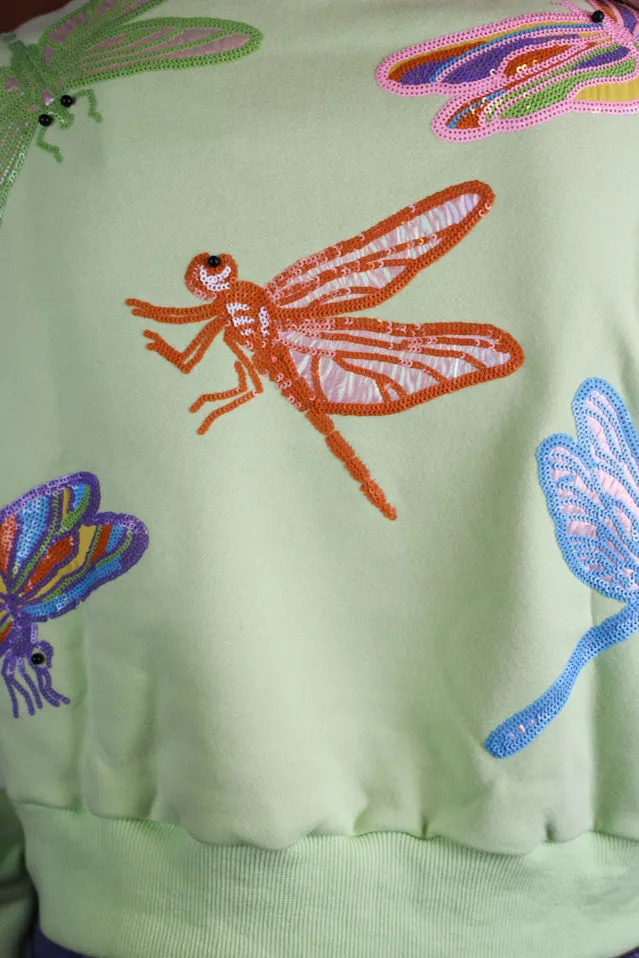 Queen of Sparkles Light Green Multi Dragonfly Henley Sweatshirt