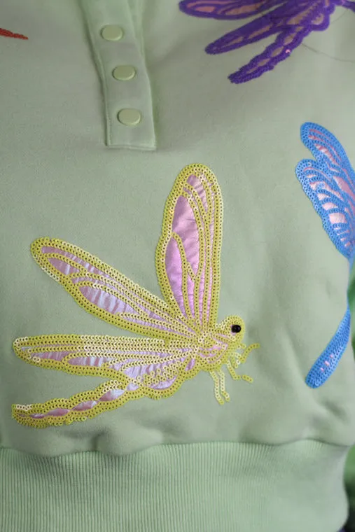Queen of Sparkles Light Green Multi Dragonfly Henley Sweatshirt