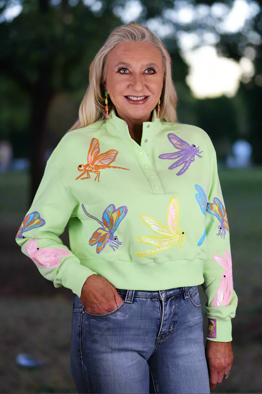 Queen of Sparkles Light Green Multi Dragonfly Henley Sweatshirt