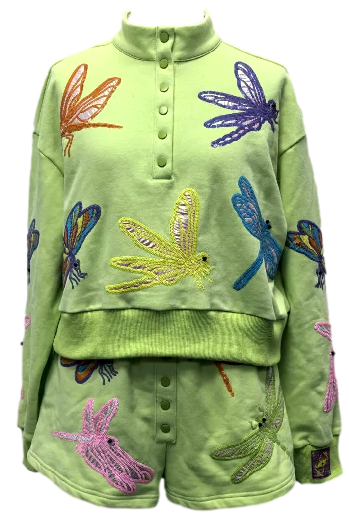 Queen of Sparkles Light Green Multi Dragonfly Henley Sweatshirt