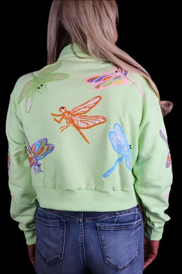 Queen of Sparkles Light Green Multi Dragonfly Henley Sweatshirt