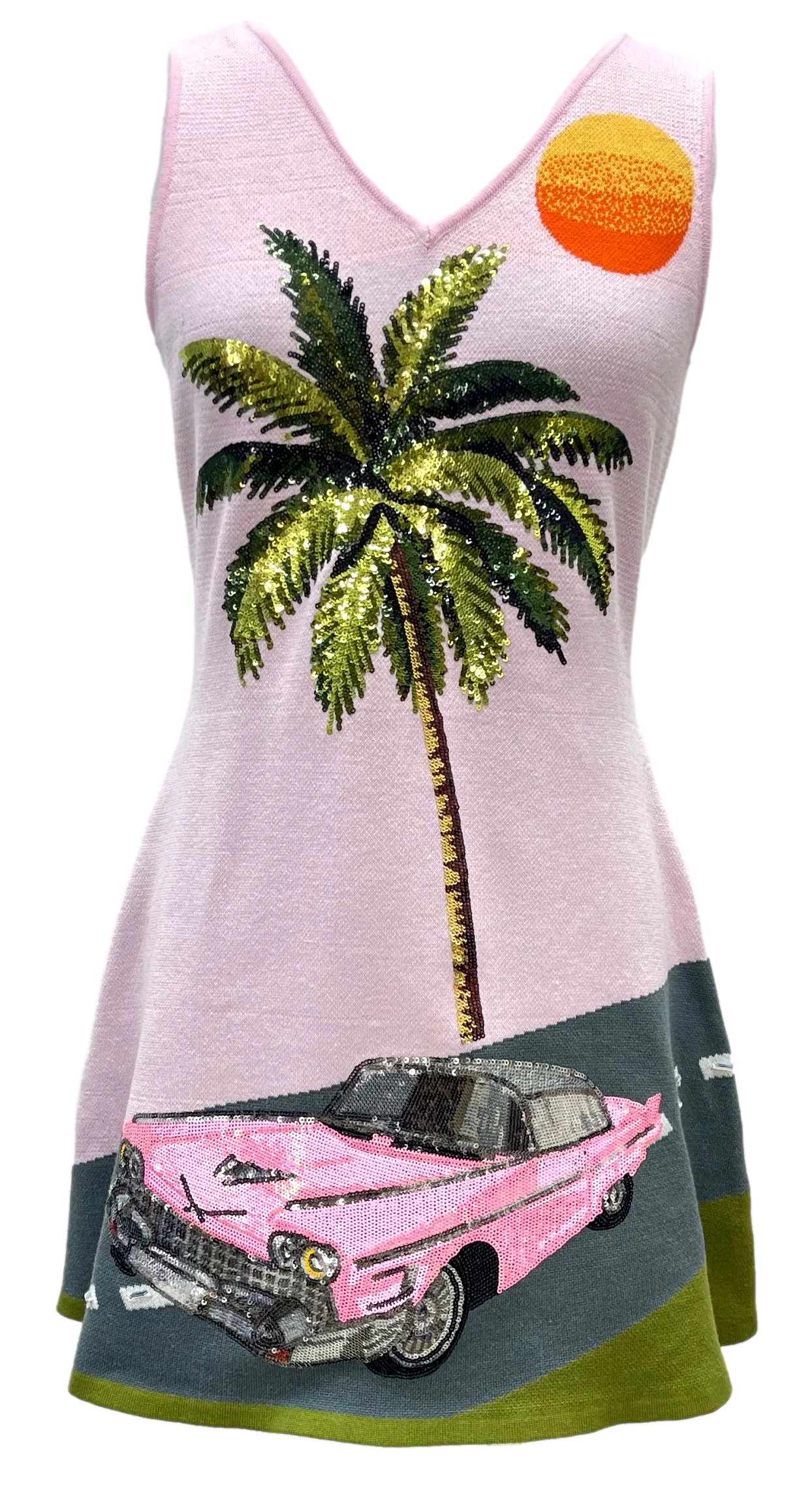 Queen Of Sparkles Light Pink Vintage Car On Street With Palm Tree Sweater Dress