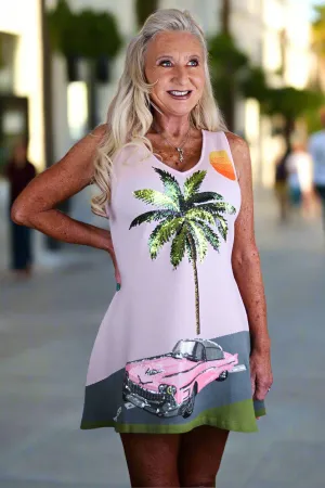 Queen Of Sparkles Light Pink Vintage Car On Street With Palm Tree Sweater Dress