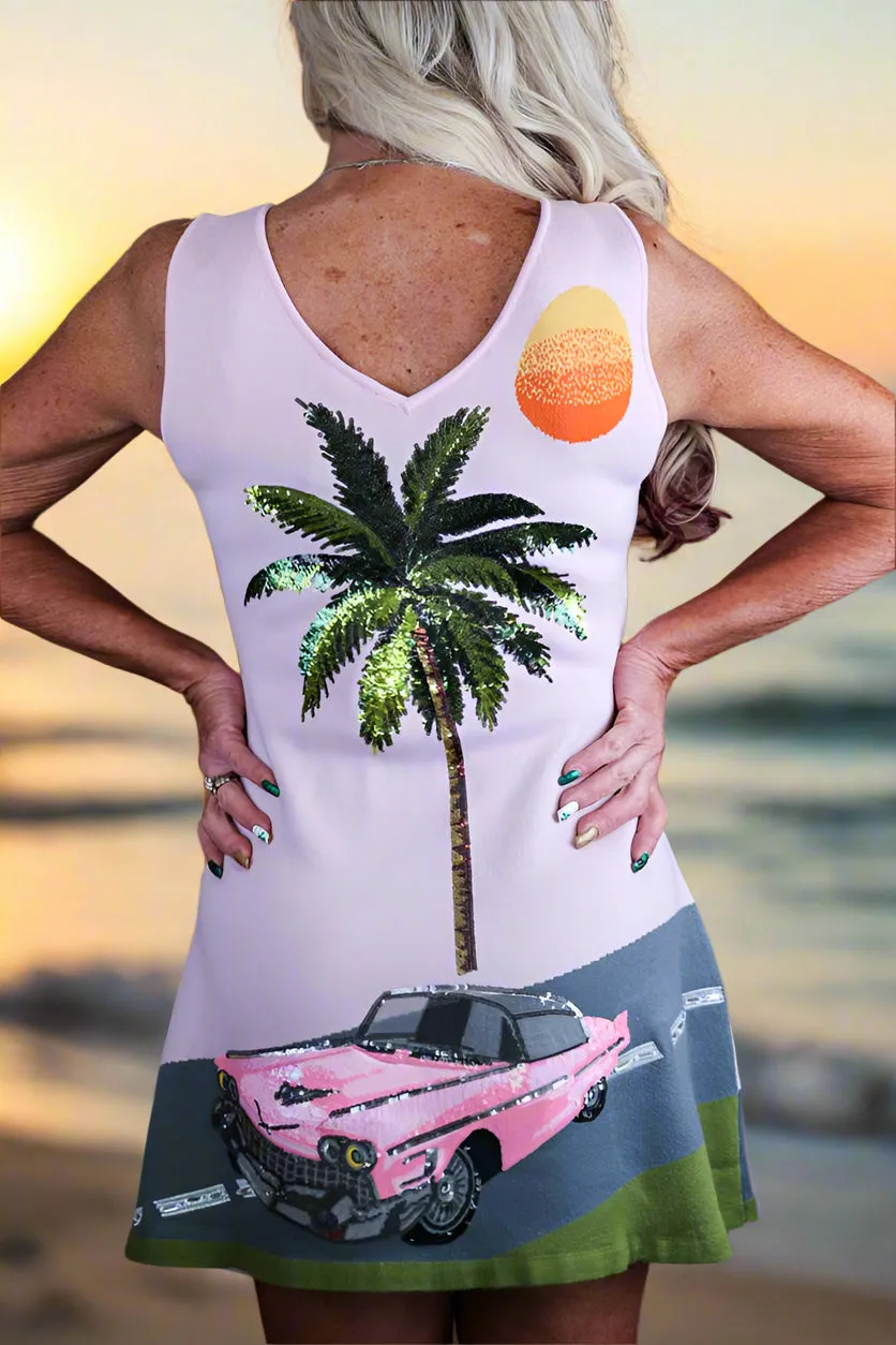 Queen Of Sparkles Light Pink Vintage Car On Street With Palm Tree Sweater Dress