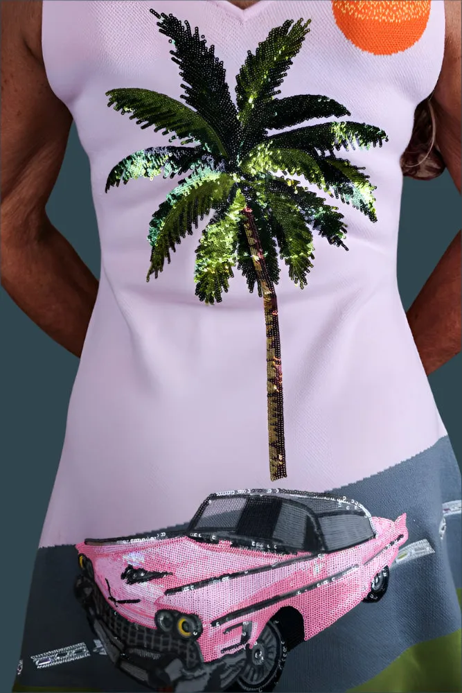 Queen Of Sparkles Light Pink Vintage Car On Street With Palm Tree Sweater Dress