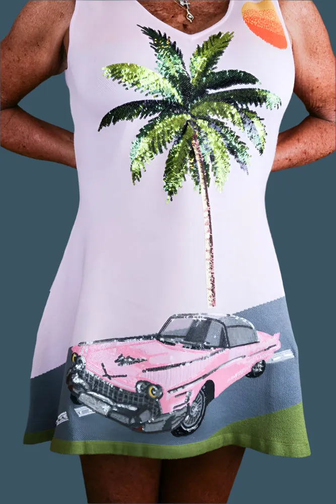 Queen Of Sparkles Light Pink Vintage Car On Street With Palm Tree Sweater Dress