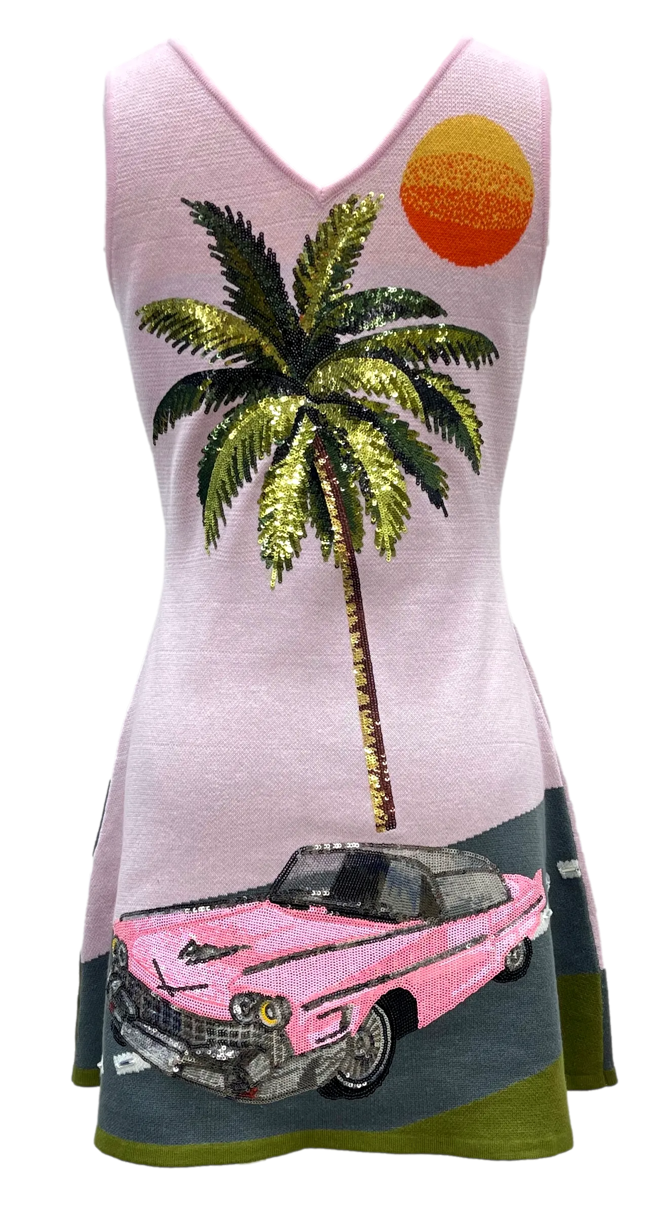 Queen Of Sparkles Light Pink Vintage Car On Street With Palm Tree Sweater Dress