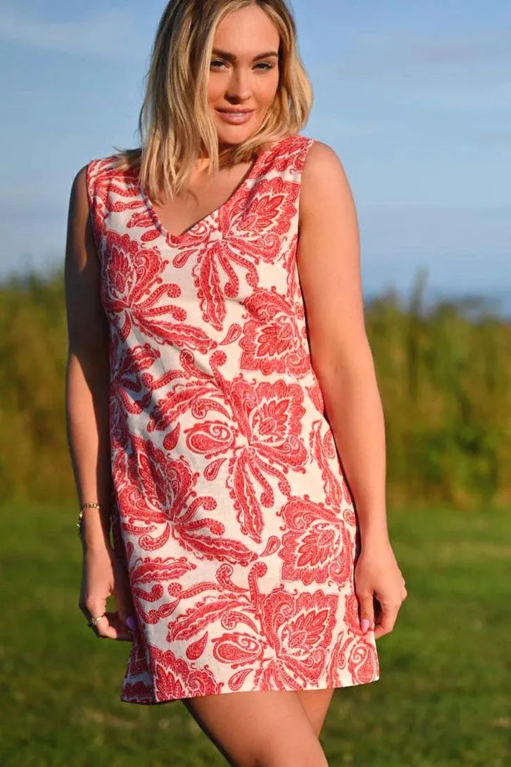 Red Paisley Sleeveless Linen Dress