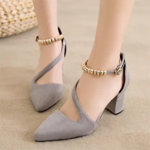 Suede Chunky Heel Piontrd Toe Beadings Ankle Strap Sandals