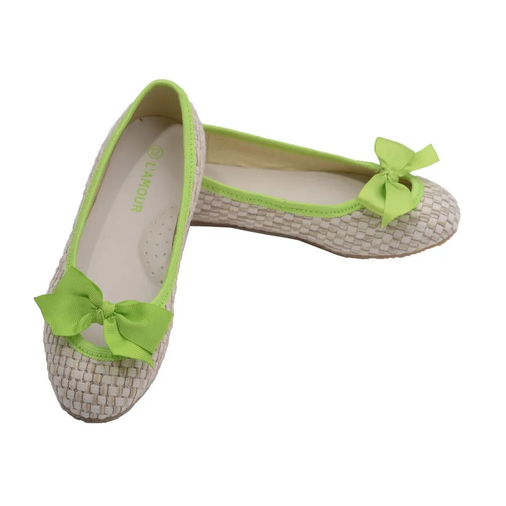 Toddler Girls Lime Faux Straw Bow Fashion Flats 7-10 Toddler