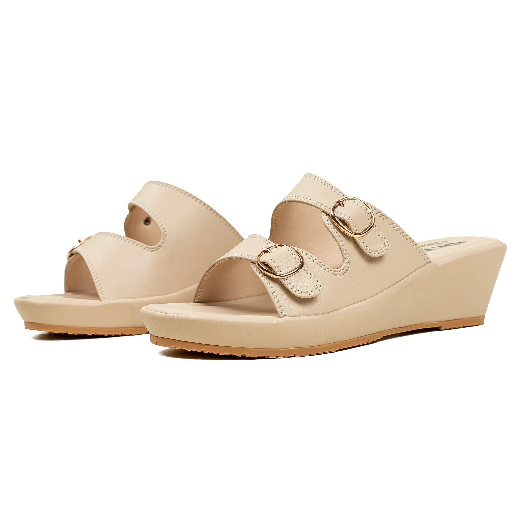 Vibrant Dr. Vi Ladies Wedge Heel Comfort Sandal – Light Beige PU Leather, Adjustable Straps & Cushioned Insole for Maximum Comfort