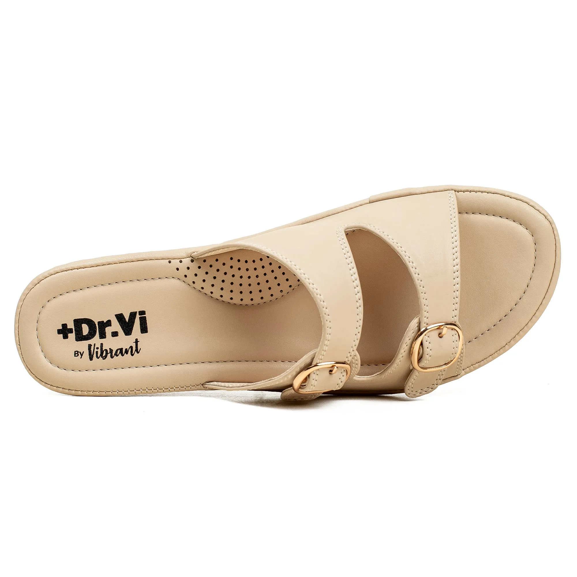 Vibrant Dr. Vi Ladies Wedge Heel Comfort Sandal – Light Beige PU Leather, Adjustable Straps & Cushioned Insole for Maximum Comfort