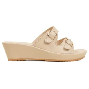 Vibrant Dr. Vi Ladies Wedge Heel Comfort Sandal – Light Beige PU Leather, Adjustable Straps & Cushioned Insole for Maximum Comfort